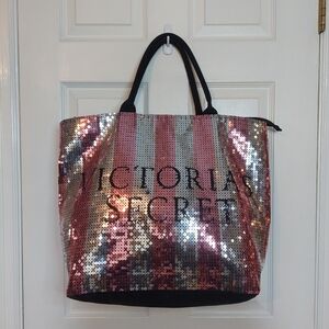 Victoria's Secret Sequined Weekender Tote Bag Pink Silver Striped Spell Out Y2K